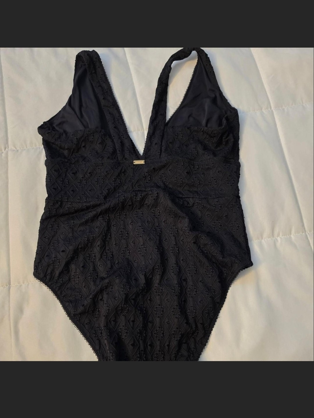 Adore Me Black Lace-Textured Plunge One-Piece Bodysuit